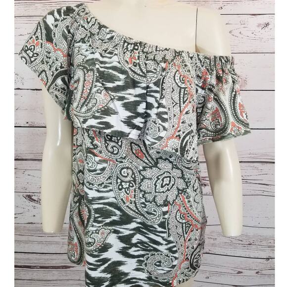 CHICO'S off shoulder top Summer short sleeve Paisley Gray pink size 1 = Small - Picture 1 of 8
